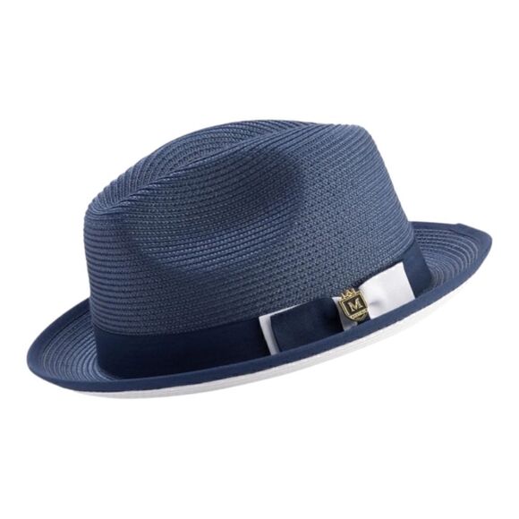 MONTIQUE MEN'S NAVY/WHITE BOTTOM BRAIDED STINGY BRIM PINCH FEDORA HAT. H-78 - Picture 1 of 1